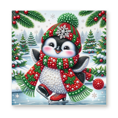 Straight dimensional white-background mockup of the complete artwork — Ice-Skating Penguin in Red Boots. Pearl diamond painting DIY kit by Isuvio.