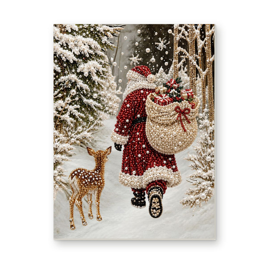 Straight dimensional white-background mockup of the complete artwork — Santa's Snowy Forest Delivery. Pearl diamond painting DIY kit by Isuvio.