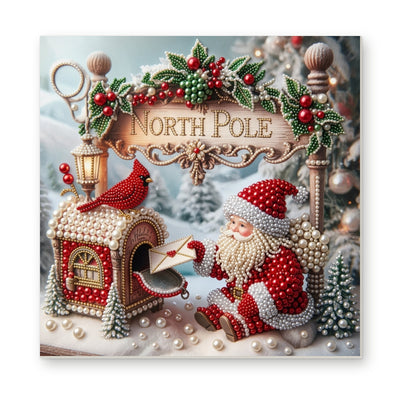 Straight dimensional white-background mockup of the complete artwork — Santa at the North Pole Mailbox. Pearl diamond painting DIY kit by Isuvio.