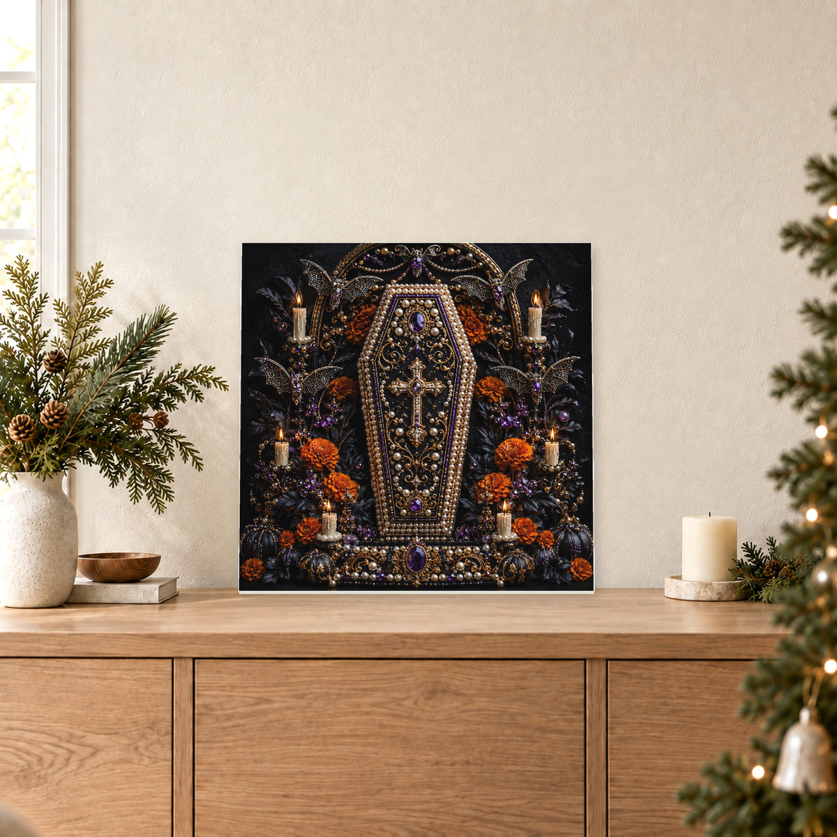 Ataúd gótico ornamentado entre velas y rosas
