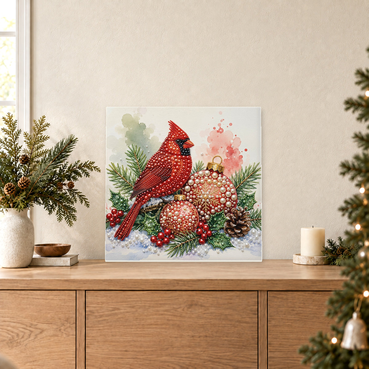 Cardinal et boules de Noël rouges et dorées