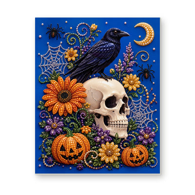 Straight dimensional white-background mockup of the complete artwork — Raven on a Skull with Autumn Flowers. Pearl diamond painting DIY kit by Isuvio.