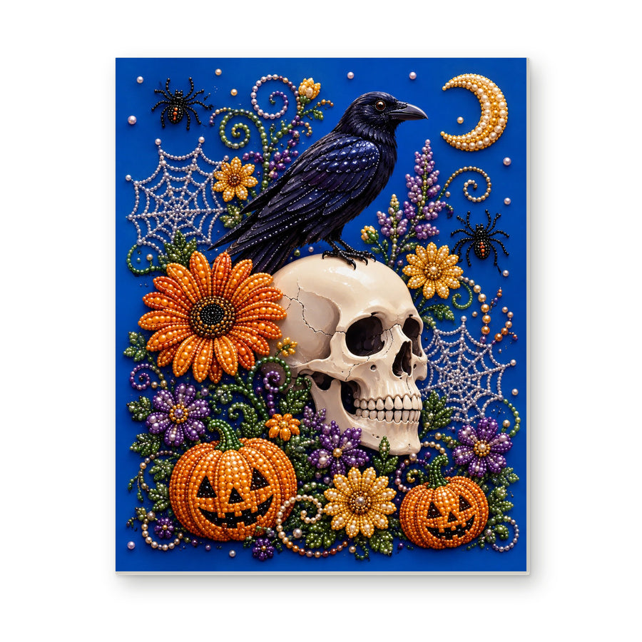 Straight dimensional white-background mockup of the complete artwork — Raven on a Skull with Autumn Flowers. Pearl diamond painting DIY kit by Isuvio.