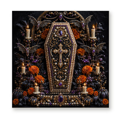 Straight dimensional white-background mockup of the complete artwork — Ornate Gothic Coffin Among Candles and Roses. Pearl diamond painting DIY kit by Isuvio.