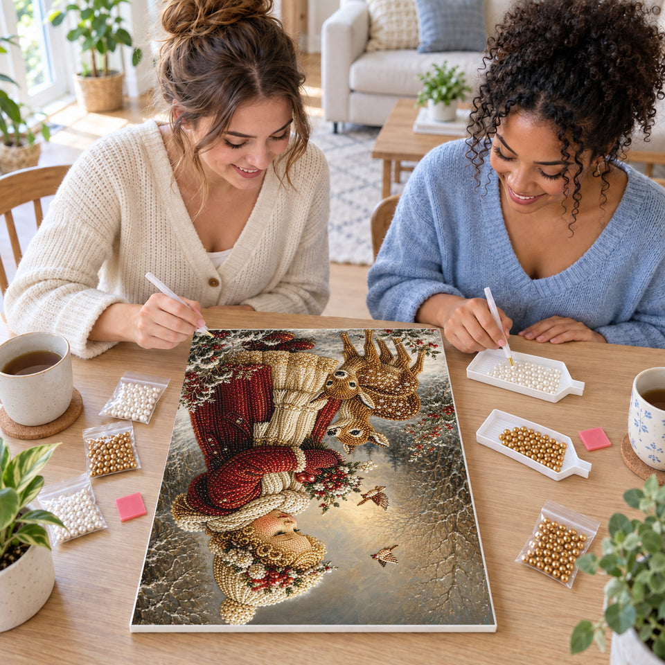 Two friends creating one shared Pearl artwork — Winter Girl with Fawns and Holly. Pearl diamond painting DIY kit by Isuvio.