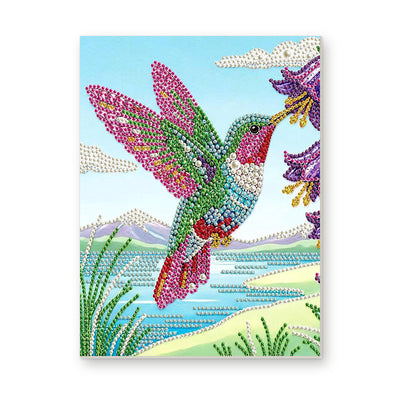 Straight dimensional white-background mockup of the complete artwork — Rainbow Hummingbird Beside Purple Flowers. Pearl diamond painting DIY kit by Isuvio.