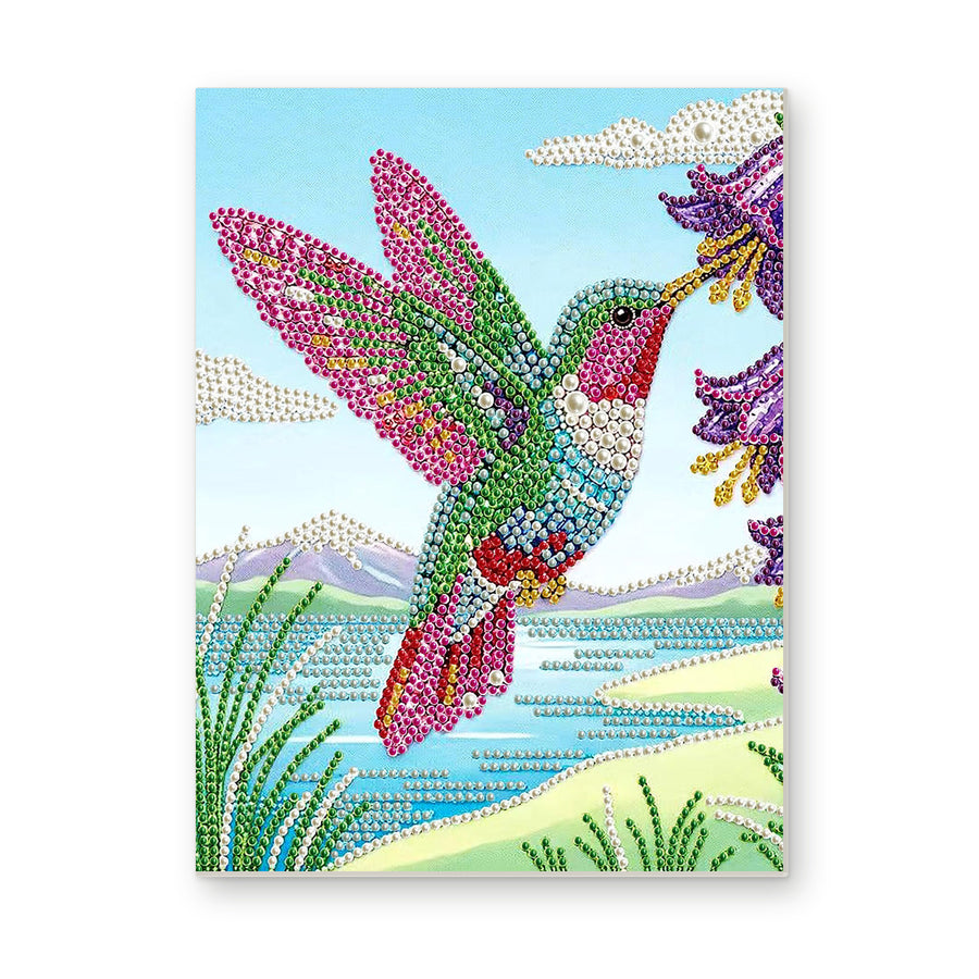 Straight dimensional white-background mockup of the complete artwork — Rainbow Hummingbird Beside Purple Flowers. Pearl diamond painting DIY kit by Isuvio.
