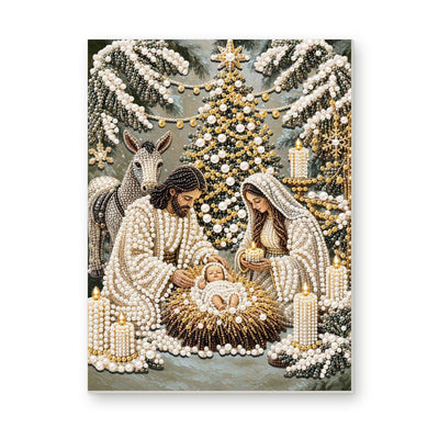 Straight dimensional white-background mockup of the complete artwork — Snowy Nativity Beneath the Christmas Tree. Pearl diamond painting DIY kit by Isuvio.