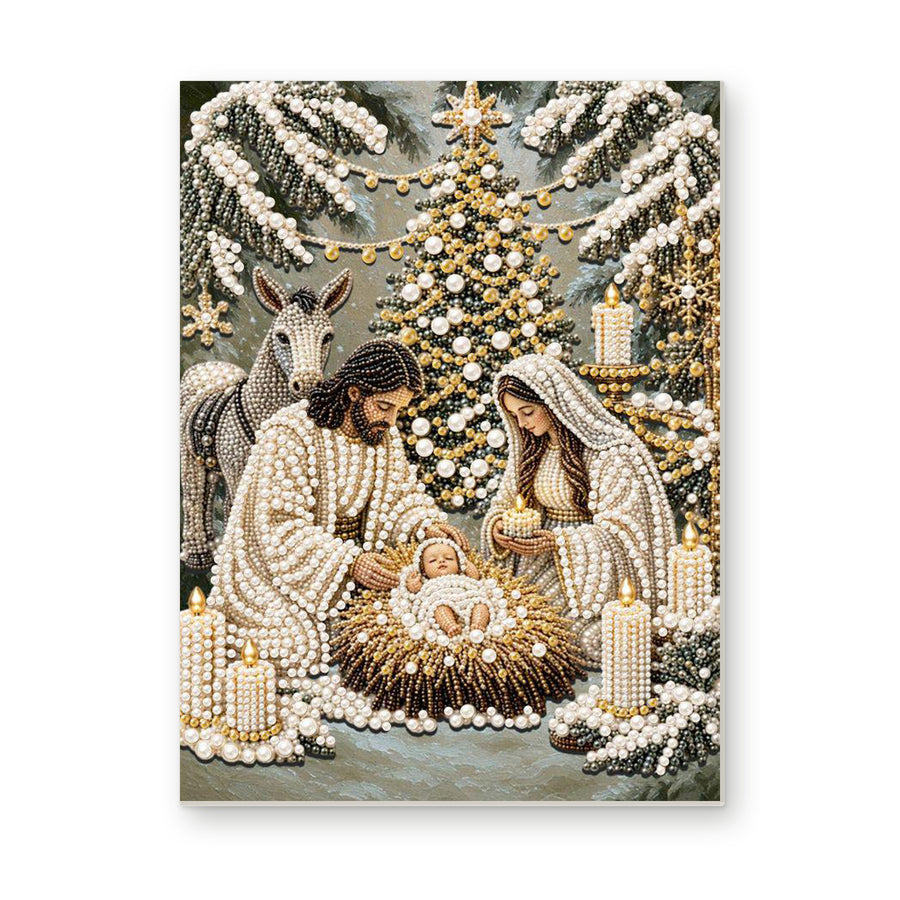Straight dimensional white-background mockup of the complete artwork — Snowy Nativity Beneath the Christmas Tree. Pearl diamond painting DIY kit by Isuvio.