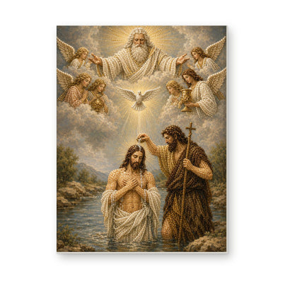 Straight dimensional white-background mockup of the complete artwork — Baptism of Jesus Beneath a Heavenly Light. Pearl diamond painting DIY kit by Isuvio.
