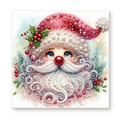 Straight dimensional white-background mockup of the complete artwork — Rosy Santa with a Swirling White Beard. Pearl diamond painting DIY kit by Isuvio.