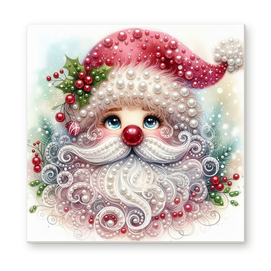 Straight dimensional white-background mockup of the complete artwork — Rosy Santa with a Swirling White Beard. Pearl diamond painting DIY kit by Isuvio.