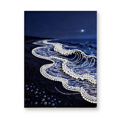 Straight dimensional white-background mockup of the complete artwork — White Pearl Waves Along a Midnight Shore. Pearl diamond painting DIY kit by Isuvio.
