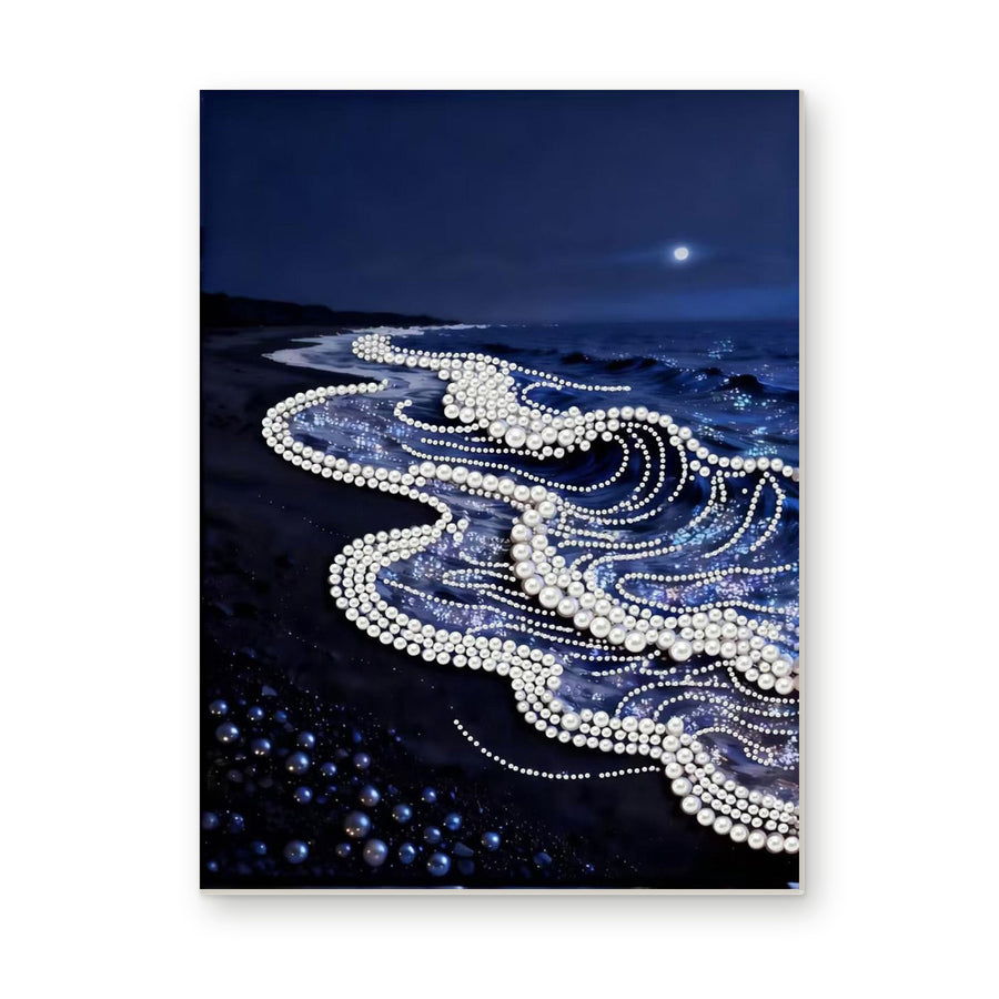 Straight dimensional white-background mockup of the complete artwork — White Pearl Waves Along a Midnight Shore. Pearl diamond painting DIY kit by Isuvio.