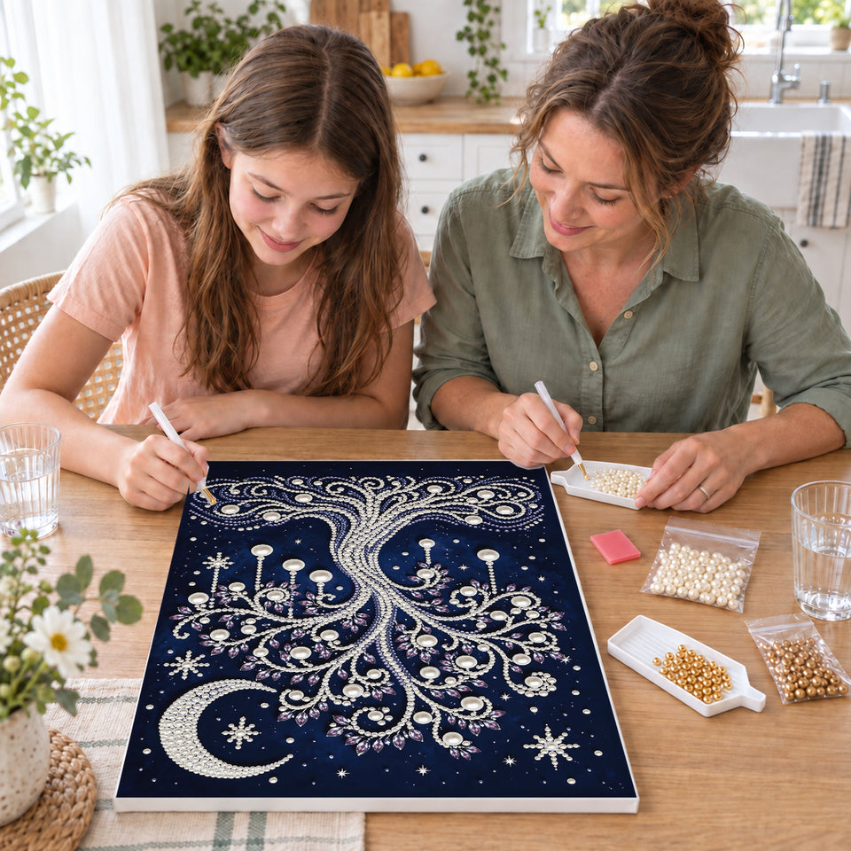 Mother and daughter creating one shared Pearl artwork — Pearl Tree Beneath a Crescent Moon and Stars. Pearl diamond painting DIY kit by Isuvio.