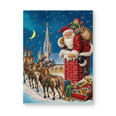 Straight dimensional white-background mockup of the complete artwork — Santa on a Chimney Above a Christmas Town. Pearl diamond painting DIY kit by Isuvio.
