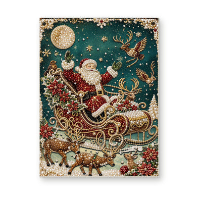 Straight dimensional white-background mockup of the complete artwork — Celestial Santa Sleigh in Teal. Pearl diamond painting DIY kit by Isuvio.