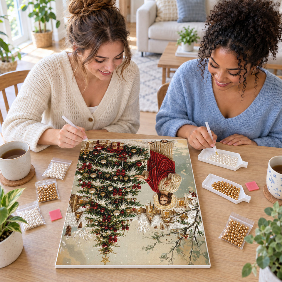 Two friends creating one shared Pearl artwork — Jesus Beside a Decorated Christmas Tree. Pearl diamond painting DIY kit by Isuvio.