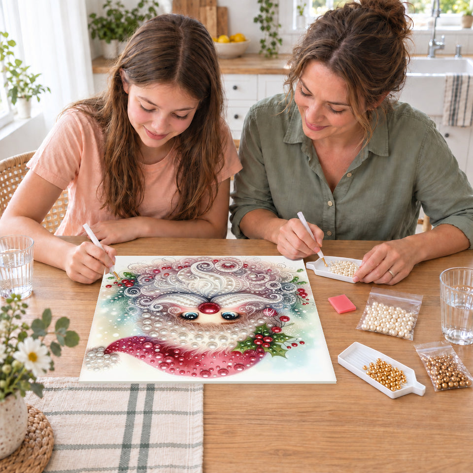 Mother and daughter creating one shared Pearl artwork — Rosy Santa with a Swirling White Beard. Pearl diamond painting DIY kit by Isuvio.