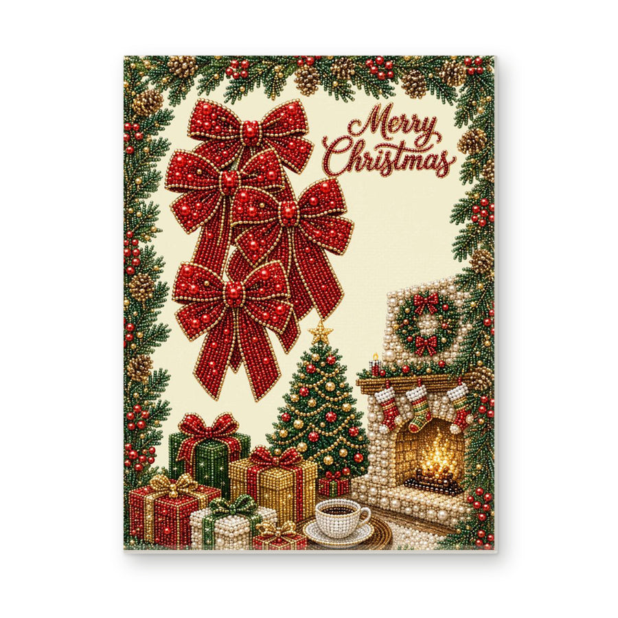 Straight dimensional white-background mockup of the complete artwork — Christmas Bows and Cozy Fireplace. Pearl diamond painting DIY kit by Isuvio.