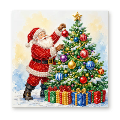 Straight dimensional white-background mockup of the complete artwork — Santa Decorating the Christmas Tree. Pearl diamond painting DIY kit by Isuvio.