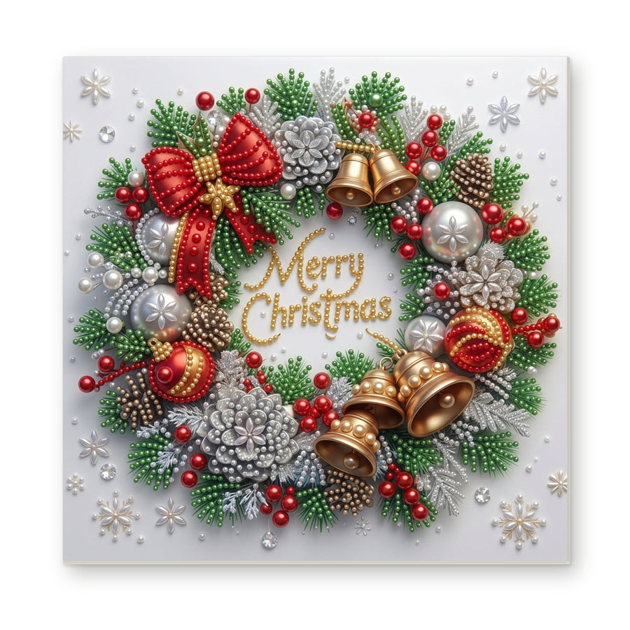 Straight dimensional white-background mockup of the complete artwork — Merry Christmas Wreath with Red Bows and Golden Bells. Pearl diamond painting DIY kit by Isuvio.