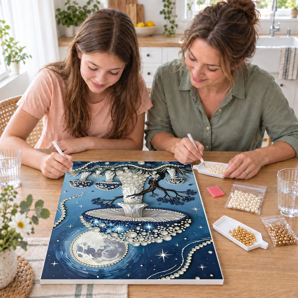 Mother and daughter creating one shared Pearl artwork — Blue Pearl Mushrooms Under a Full Moon. Pearl diamond painting DIY kit by Isuvio.