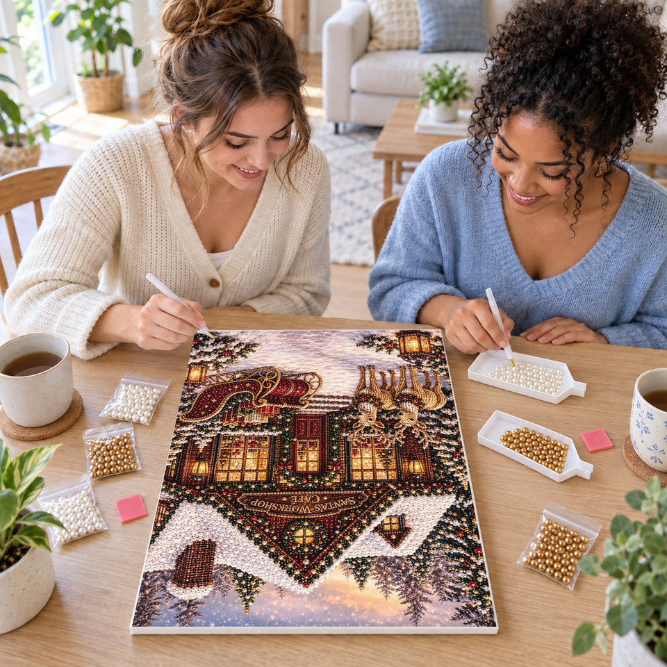 Two friends creating one shared Pearl artwork — Snowy Christmas Shop with Reindeer and Sleigh. Pearl diamond painting DIY kit by Isuvio.