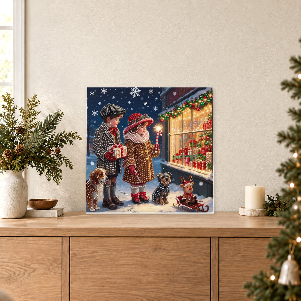 Enfants devant une boutique de Noël victorienne