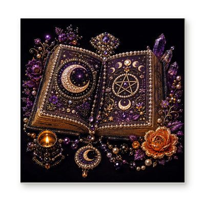 Straight dimensional white-background mockup of the complete artwork — Open Spell Book with Purple Jewels and Moon Symbols. Pearl diamond painting DIY kit by Isuvio.