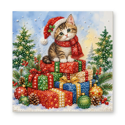 Straight dimensional white-background mockup of the complete artwork — Santa-Hat Kitten atop Christmas Presents. Pearl diamond painting DIY kit by Isuvio.