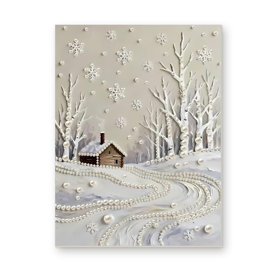 Straight dimensional white-background mockup of the complete artwork — Snowy Woodland Cabin and Winding Pearl Path. Pearl diamond painting DIY kit by Isuvio.