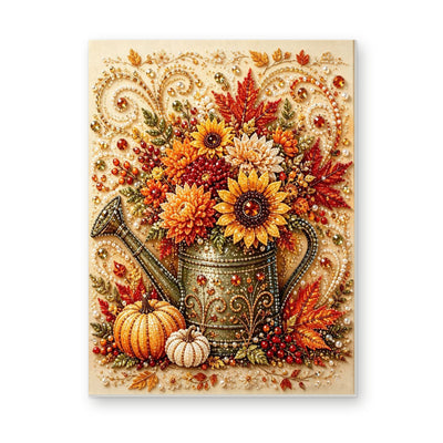 Straight dimensional white-background mockup of the complete artwork — Autumn Sunflowers in an Ornate Watering Can. Pearl diamond painting DIY kit by Isuvio.
