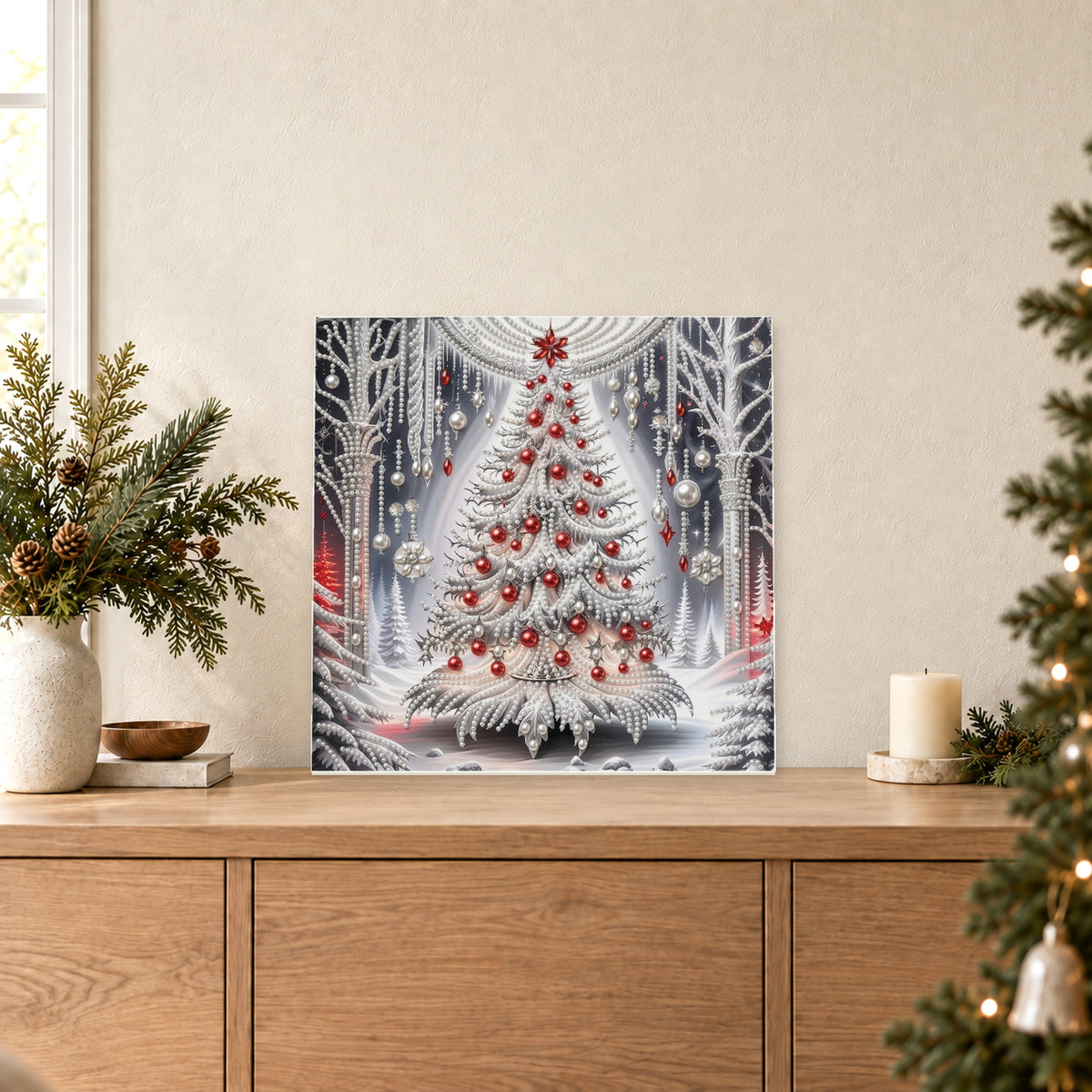 Sapin de Noël perlé entre des bouleaux blancs