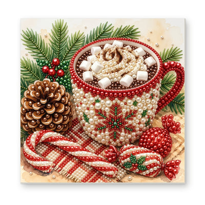 Straight dimensional white-background mockup of the complete artwork — Christmas Cocoa in a Knitted Mug. Pearl diamond painting DIY kit by Isuvio.