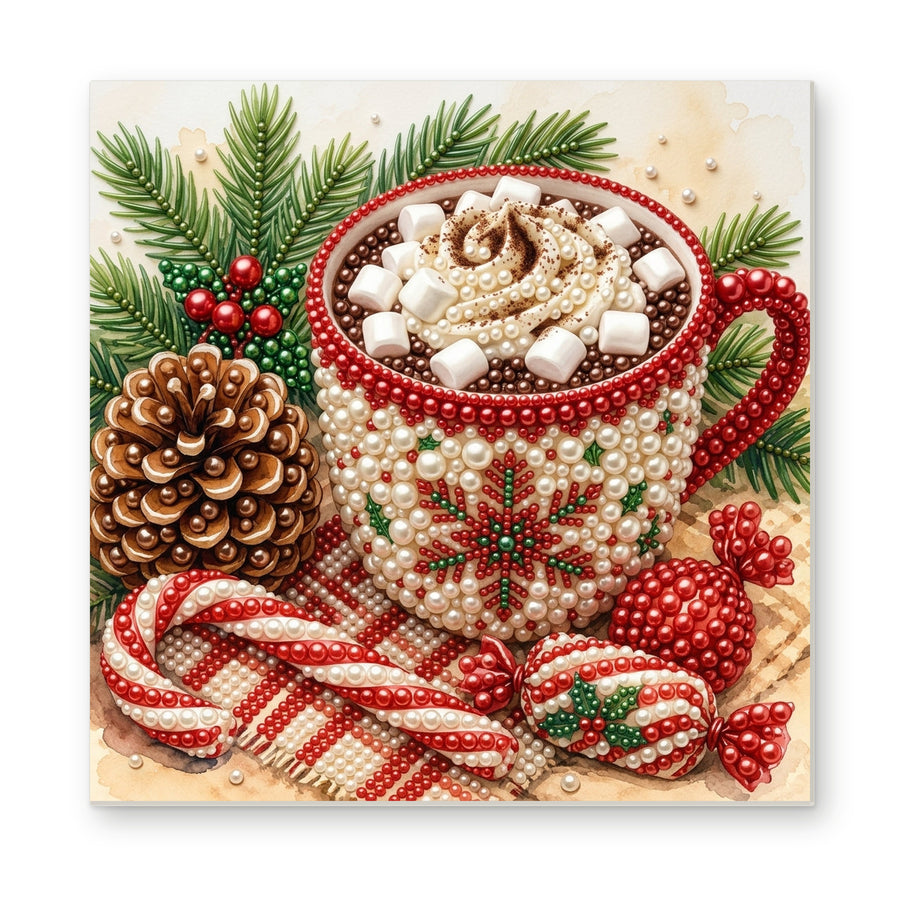 Straight dimensional white-background mockup of the complete artwork — Christmas Cocoa in a Knitted Mug. Pearl diamond painting DIY kit by Isuvio.