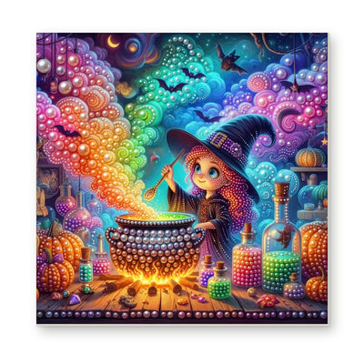 Straight dimensional white-background mockup of the complete artwork — Little Witch Brewing a Rainbow Potion. Pearl diamond painting DIY kit by Isuvio.