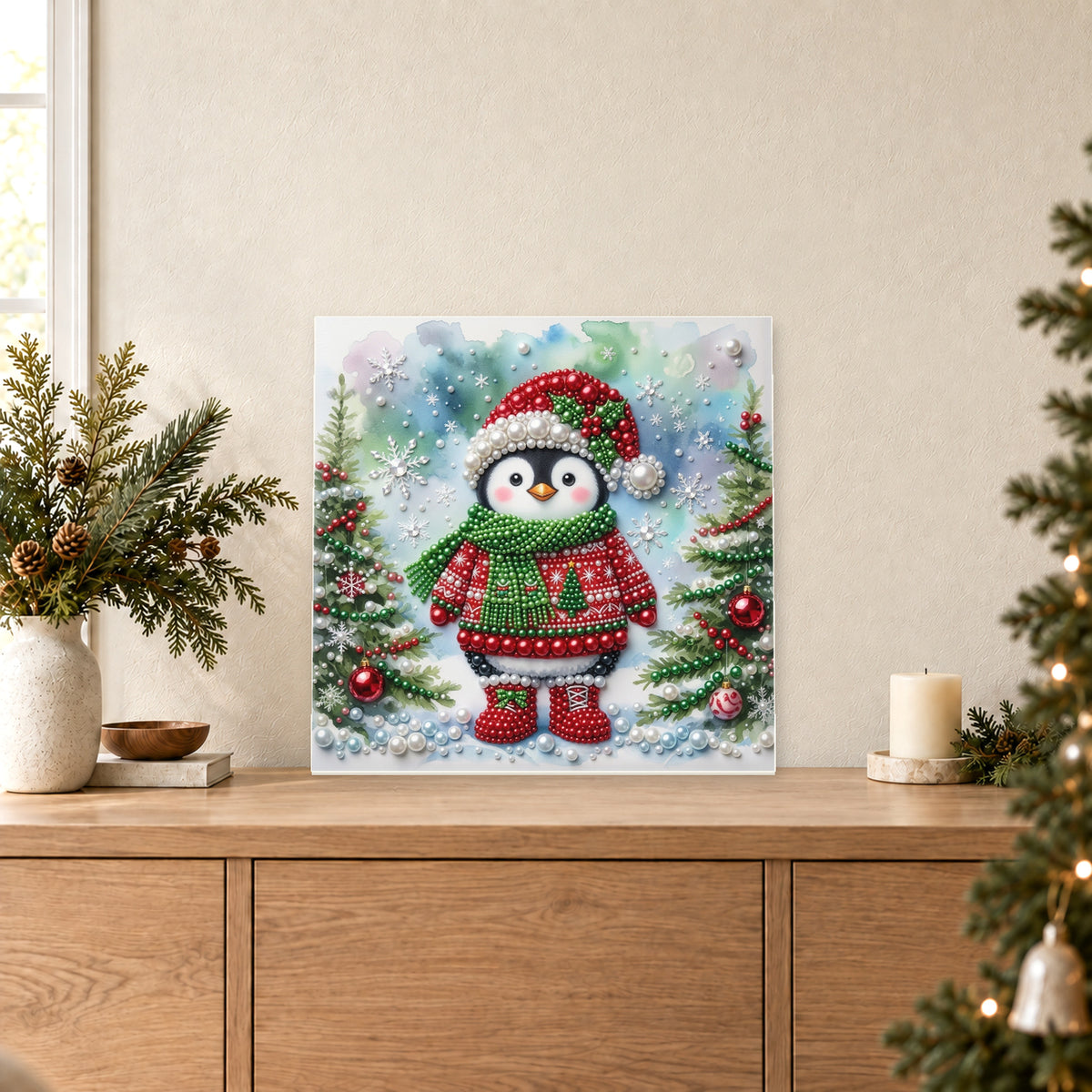 Pingüino nevado con jersey navideño