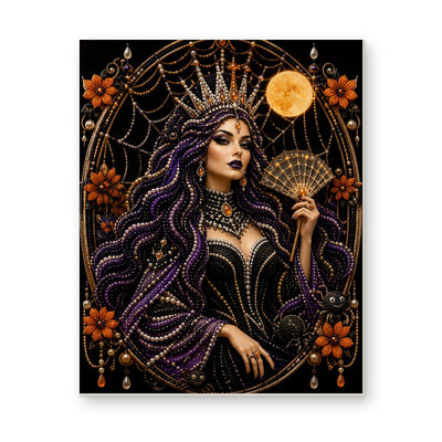 Straight dimensional white-background mockup of the complete artwork — Purple-Haired Spiderweb Queen. Pearl diamond painting DIY kit by Isuvio.