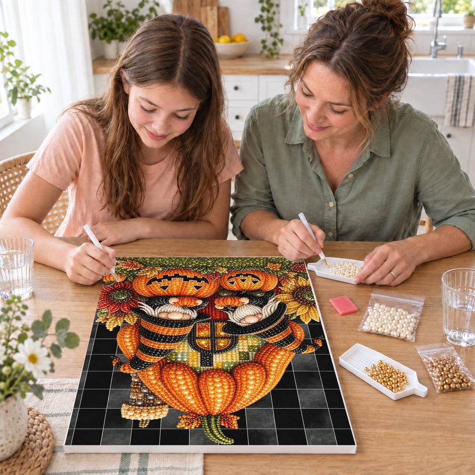 Mother and daughter creating one shared Pearl artwork — Pumpkin House Halloween Gnomes. Pearl diamond painting DIY kit by Isuvio.