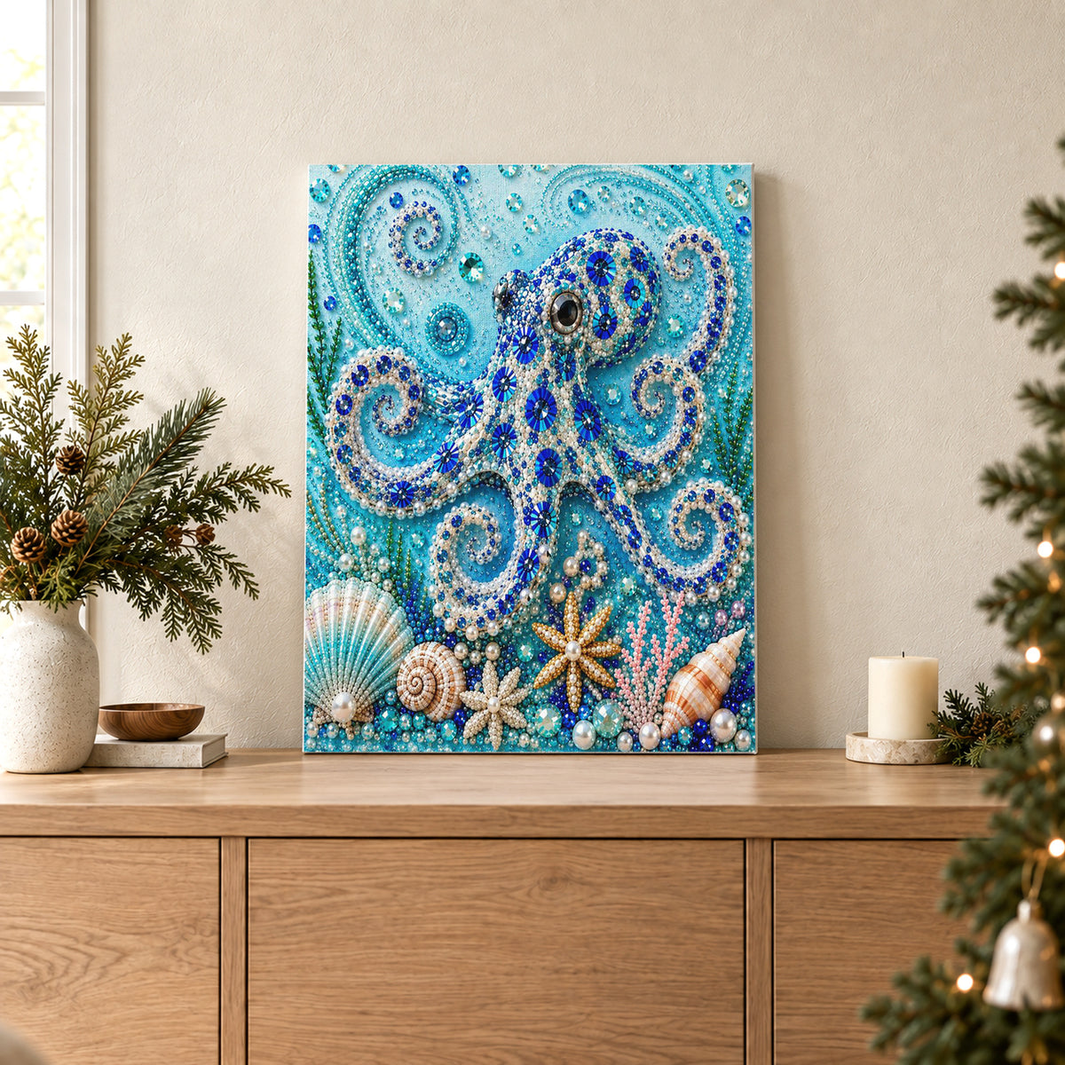 Blauer Oktopus mit Muscheln und Seesternen