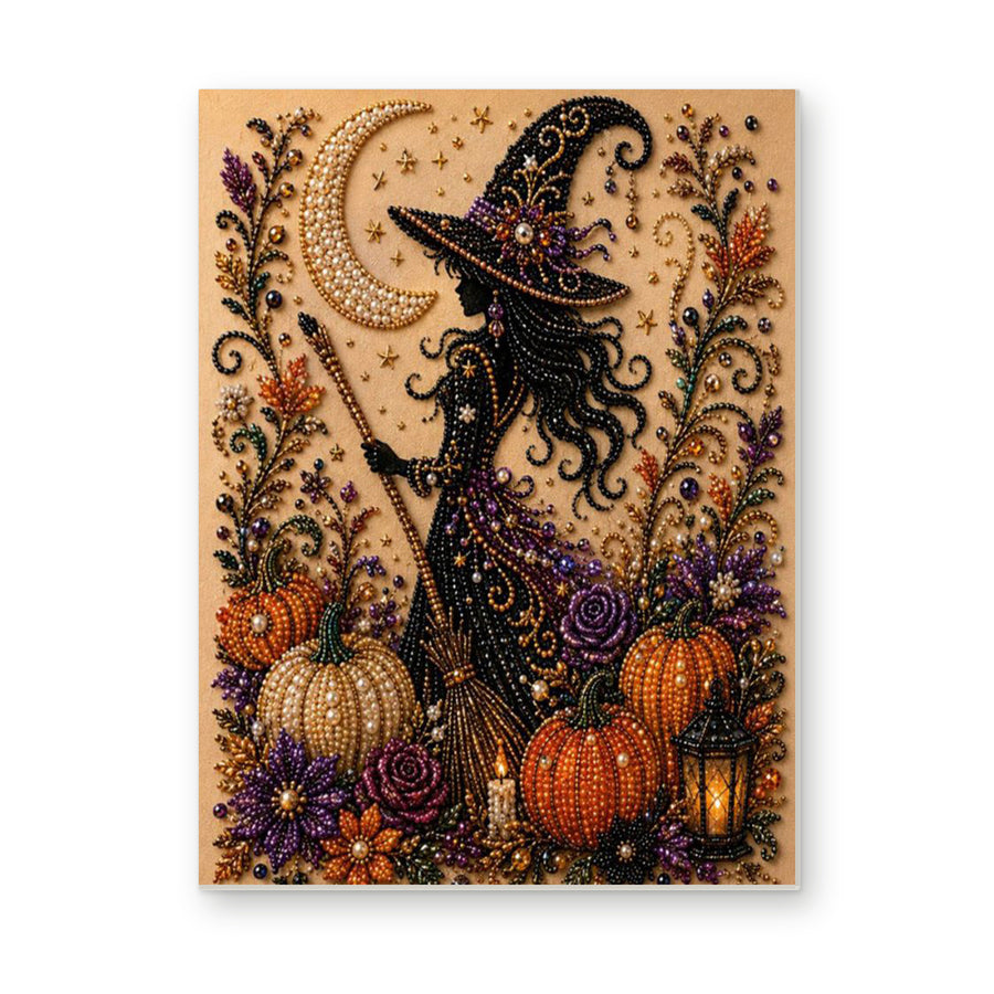 Straight dimensional white-background mockup of the complete artwork — Silhouette Witch with Purple Flowers and Pumpkins. Pearl diamond painting DIY kit by Isuvio.