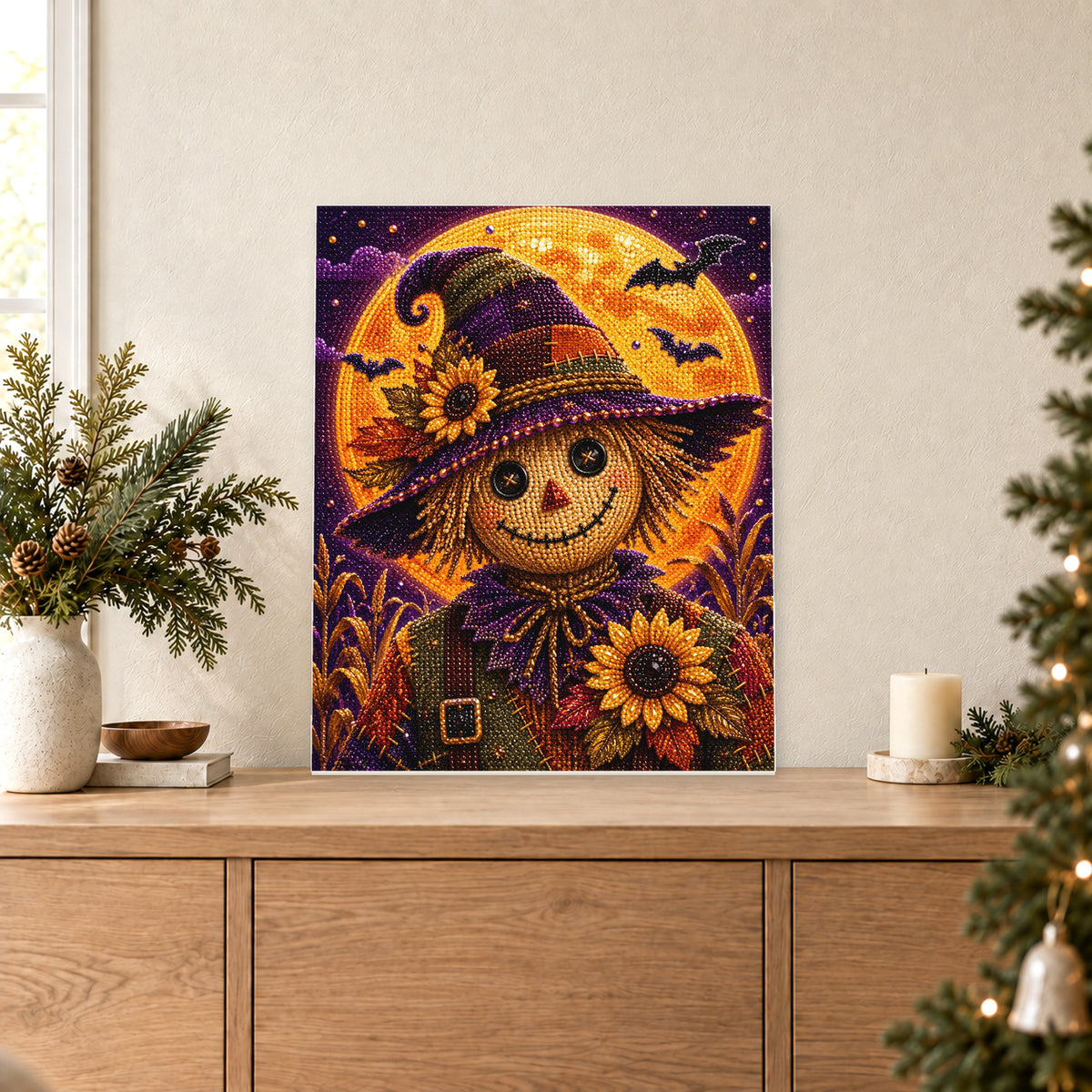 Espantapájaros sonriente con girasoles bajo una luna naranja