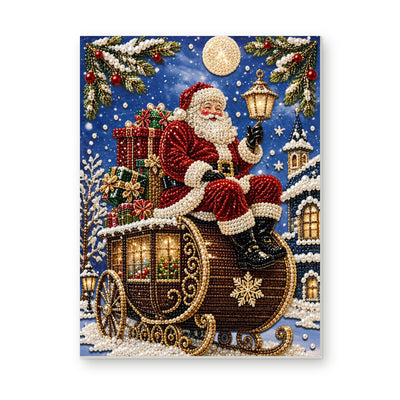 Straight dimensional white-background mockup of the complete artwork — Moonlit Santa Gift Sleigh. Pearl diamond painting DIY kit by Isuvio.