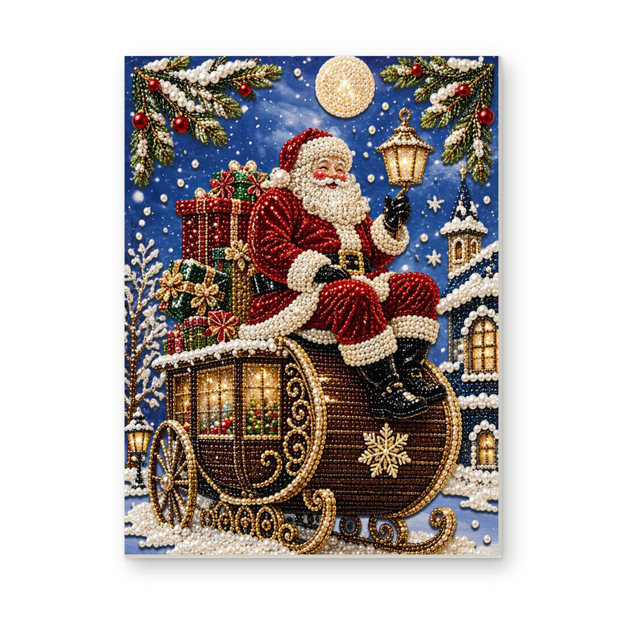 Straight dimensional white-background mockup of the complete artwork — Moonlit Santa Gift Sleigh. Pearl diamond painting DIY kit by Isuvio.