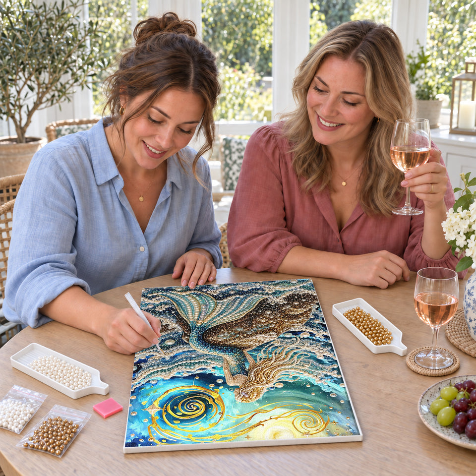 Friends enjoying a sip and craft session — Mermaid Under the Golden Moon. Pearl diamond painting DIY kit by Isuvio.