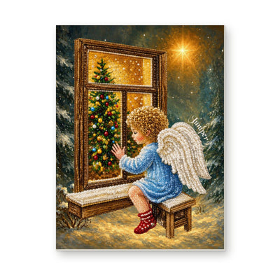 Straight dimensional white-background mockup of the complete artwork — Little Angel Watching a Christmas Tree Through a Window. Pearl diamond painting DIY kit by Isuvio.