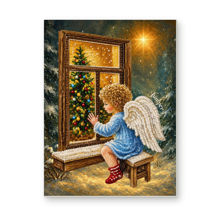 Straight dimensional white-background mockup of the complete artwork — Little Angel Watching a Christmas Tree Through a Window. Pearl diamond painting DIY kit by Isuvio.