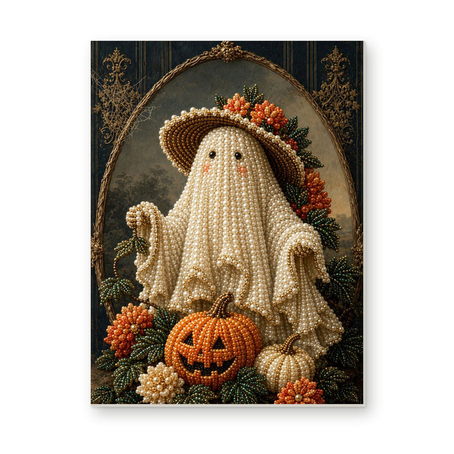 Straight dimensional white-background mockup of the complete artwork — Harvest Ghost in a Flowered Straw Hat. Pearl diamond painting DIY kit by Isuvio.