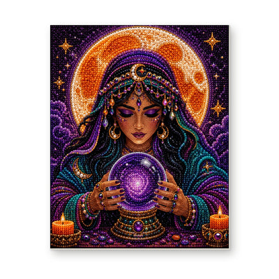 Straight dimensional white-background mockup of the complete artwork — Fortune Teller Gazing into a Purple Crystal Ball. Pearl diamond painting DIY kit by Isuvio.